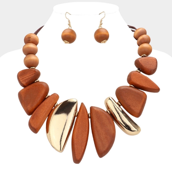 Brown Metal Abstract Wooden Beaded Statement Necklace Set Bib Chunky Jewelry - Picture 1 of 2